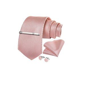 Men's Silk Tie + Pocket Square + Cufflinks + Tie Clip 4 Piece Set